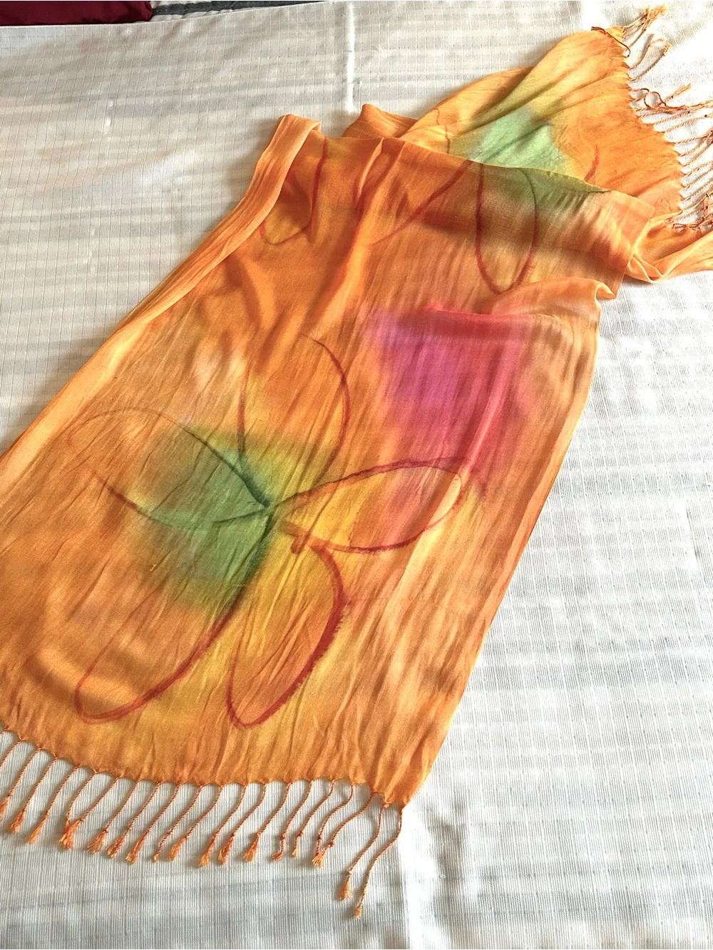 Orange Sheer Floral Hand Painted Fringed Shawl Scarf - Lightweight